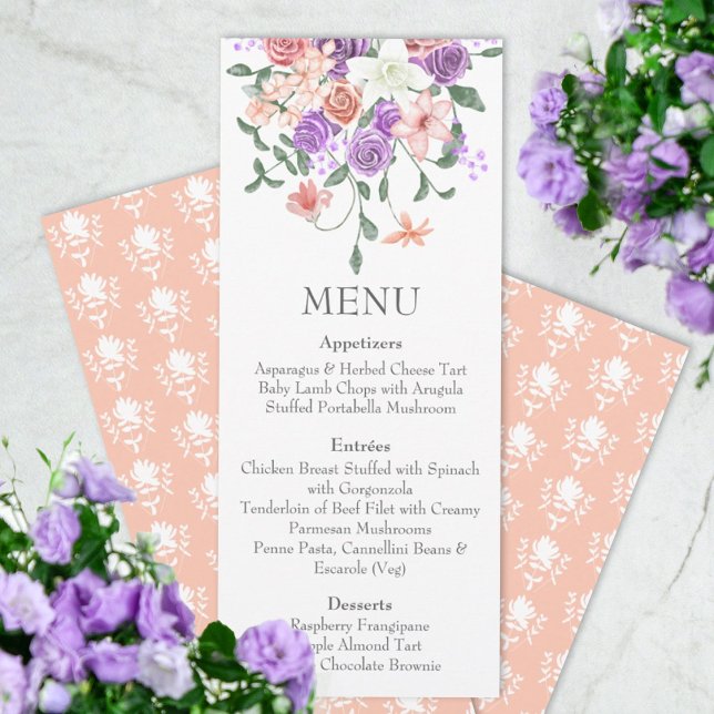 Midmeny i Lilac och Peach Bukett med rosor Inbjudningar (lilac purple peach wedding reception dinner menu, rose bouquet, floral design, spring springtime)