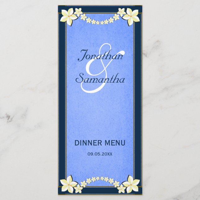 Midmeny-kort för Rustik blå Blommigt Bröllop Meny (Framsida)