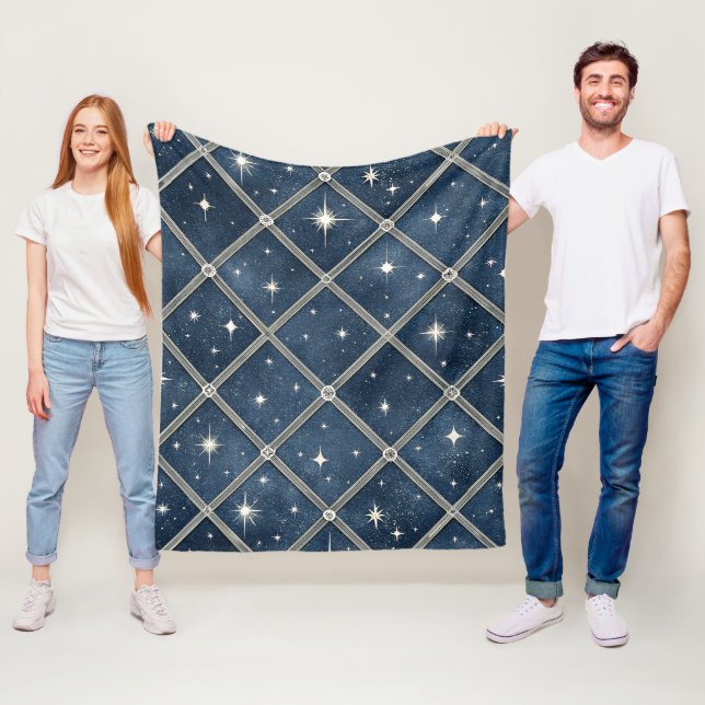 Midnatt Blå Diamant Gitter - Stjärnklar Natt Fleecefilt (På plats)