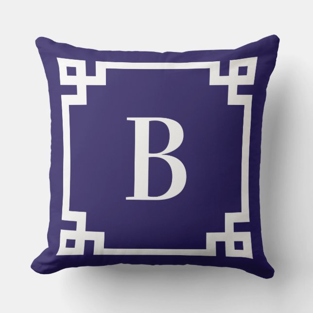 Midnatt Blå Grekisk Nyckel Kant Monogram Kudde (Framsida)