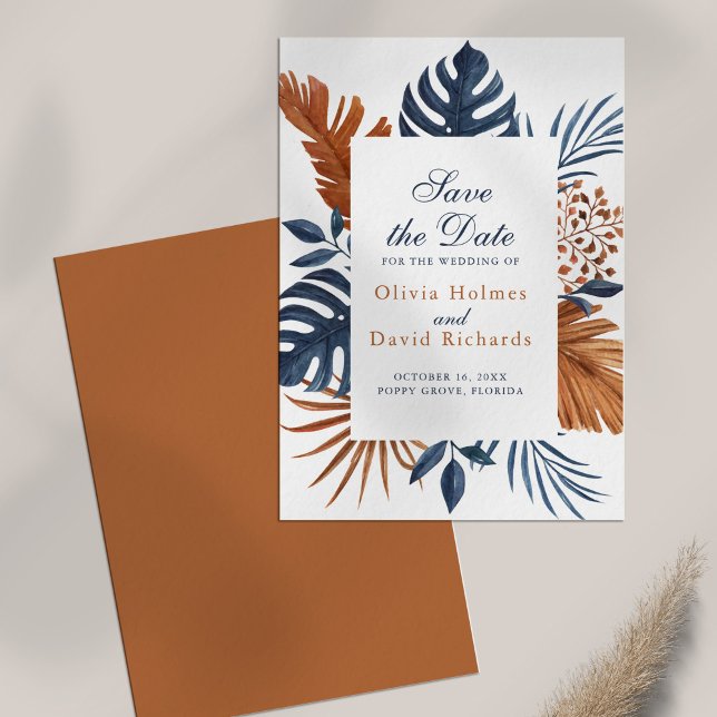 Midnatt Blå Monstera Spara Datum-kort Datumet (Midnight Blue Monstera Save the Date Card on white table.
)