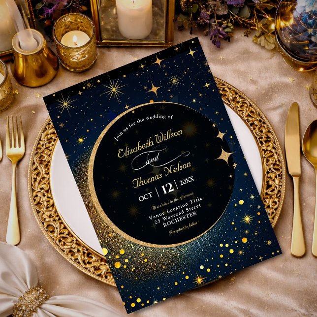 Midnatt Blå Stjärnor Måne himmelsk Halo bröllop Inbjudningar (Skapare uppladdad)