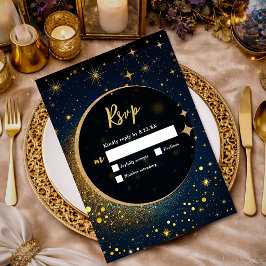 Midnatt Blå Stjärnor Måne himmelsk Halo bröllop OSA Kort