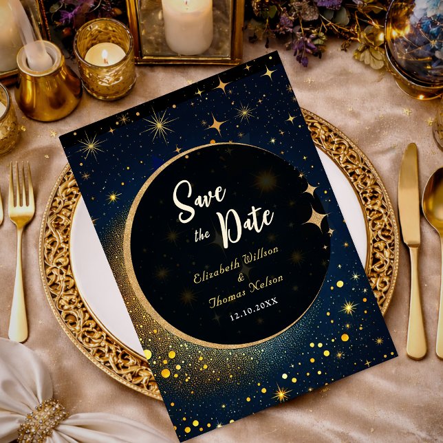 Midnatt Blå Stjärnor Måne himmelsk Halo bröllop Spara Datumet (Skapare uppladdad)