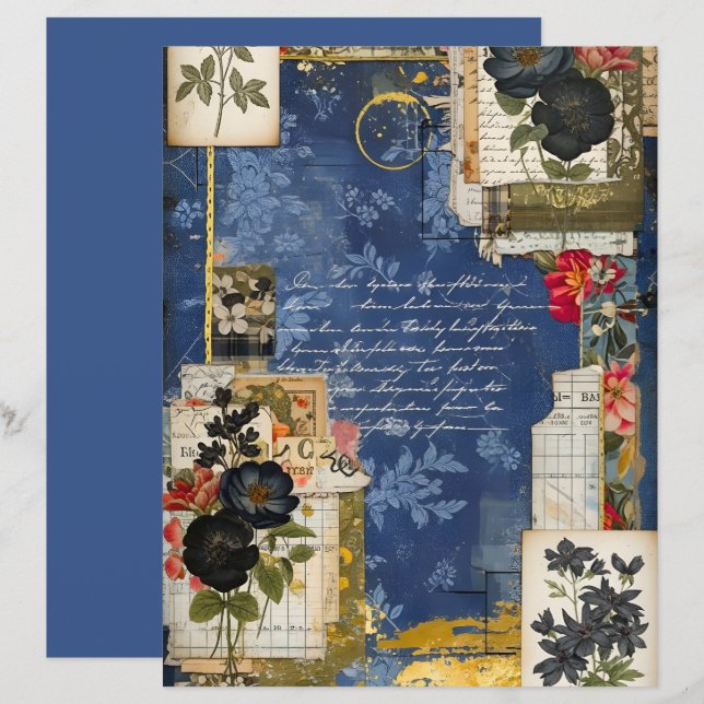 Midnatt Blå Vintage Blommig Scrapbookpapper (Fram/baksida)