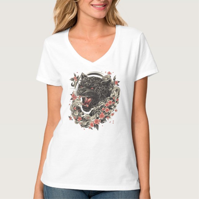 Midnatt Blommar Jaguar-Strength, Elegance T Shirt (Framsida)