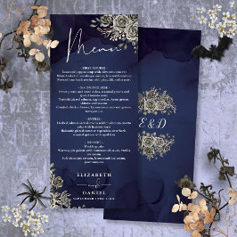 Midnatt Blue Ro Blommigt Gothic Bröllop Middag Meny