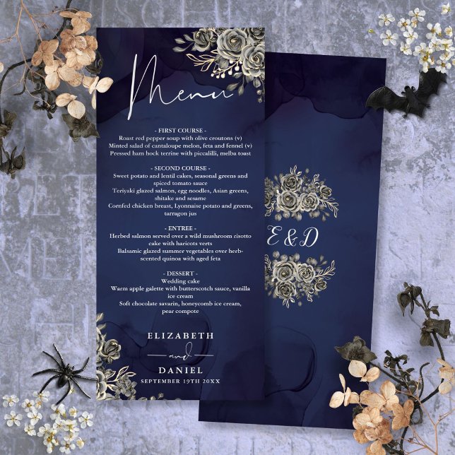 Midnatt Blue Ro Blommigt Gothic Bröllop Middag Meny (Midnight Blue Roses Floral Gothic Wedding Dinner Menu)