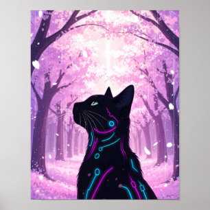 Midnatt Cyber Cat Rosa Cherry Blommar Forest Poster