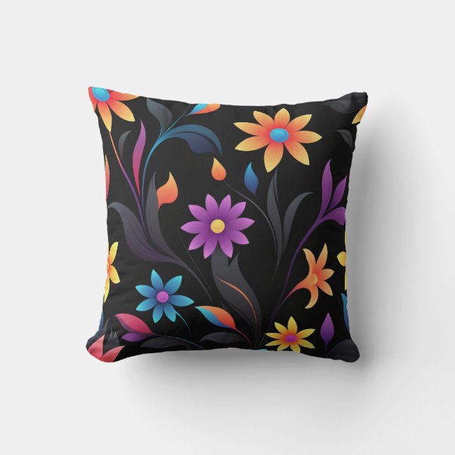 Midnatt Garden: Vibrant Blommigt Fantasy Kudde (Framsida)