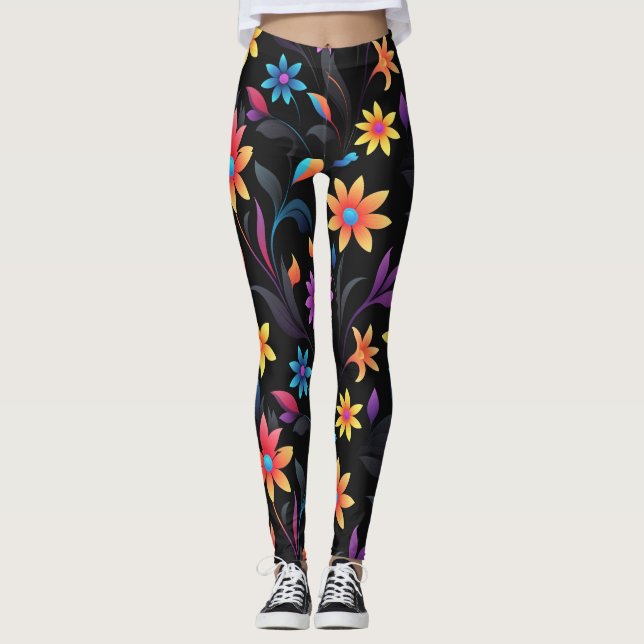 Midnatt Garden: Vibrant Blommigt Fantasy Leggings (Framsida)