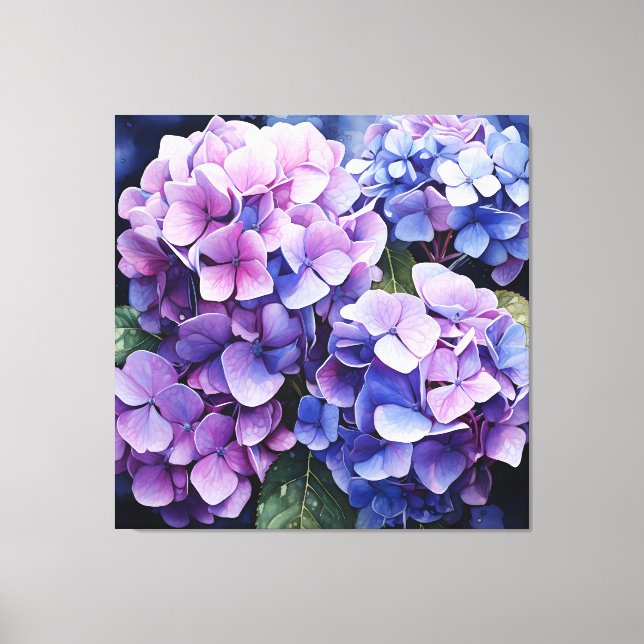 Midnatt Garden Violet Hydrangea Watercolor Canvastryck (Framsida)