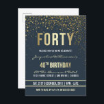 Midnatt | Guld Confetti 40:e födelsedagen Party Inbjudan Vykort<br><div class="desc">Midnatt | Guld Confetti 40:e födelsedagen Party-postkortsinbjudan. Denna formella,  elegant,  trendig,  moderna 40 födelsedagsfest inbjudan är lämplig för manar för kvinnor. Det omfattar guldrent linjer,  snyggt,  det övre fodral-gotiska manuset och sofistikerad faux-guld-folie på midnattsblå bakgrund med duschar av mousserande,  skakande guld konetti och party-strömmare.</div>