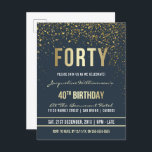 Midnatt | Guld Confetti 40:e födelsedagen Party Inbjudan Vykort<br><div class="desc">Midnatt | Guld Confetti 40:e födelsedagen Party-postkortsinbjudan. Denna formella,  elegant,  trendig,  moderna 40 födelsedagsfest inbjudan är lämplig för manar för kvinnor. Det omfattar guldrent linjer,  snyggt,  det övre fodral-gotiska manuset och sofistikerad faux-guld-folie på midnattsblå bakgrund med duschar av mousserande,  skakande guld konetti och party-strömmare.</div>