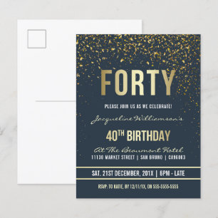 Midnatt   Guld Confetti 40:e födelsedagen Party Inbjudan Vykort