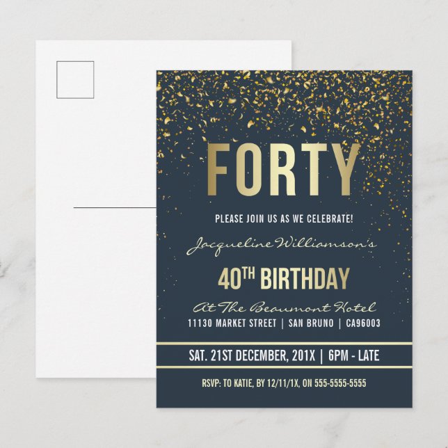 Midnatt | Guld Confetti 40:e födelsedagen Party Inbjudan Vykort (Fram/baksida)