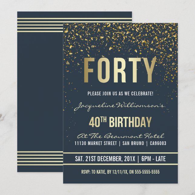 Midnatt | Guld Confetti 40:e födelsedagen Party Inbjudningar (Fram/baksida)