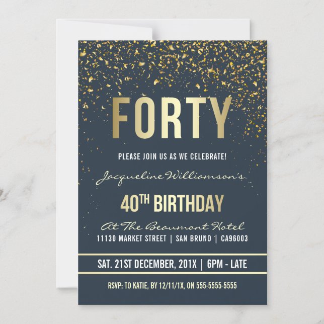 Midnatt | Guld Confetti 40:e födelsedagen Party Magnetisk Inbjudningskort (Framsida)
