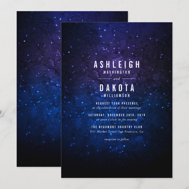 Midnatt Himlar och Shining Stars| Galaxy Bröllop Inbjudningar (Fram/baksida)