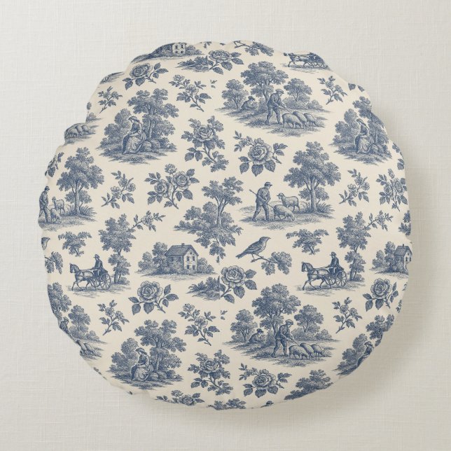 Midnatt i Meadow - Blue Toile Round Throw Pi Rund Kudde (Framsidan)