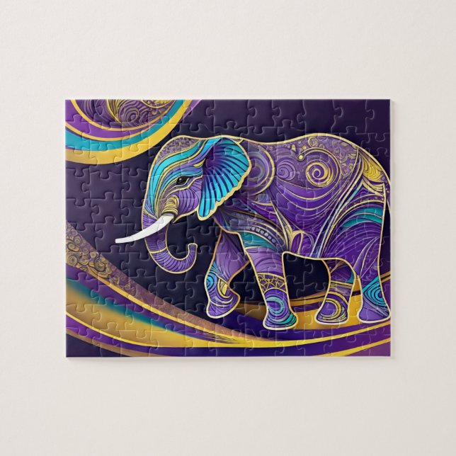 Midnatt Magic: Lila & Guld Elephant Pussel (Horisontell)