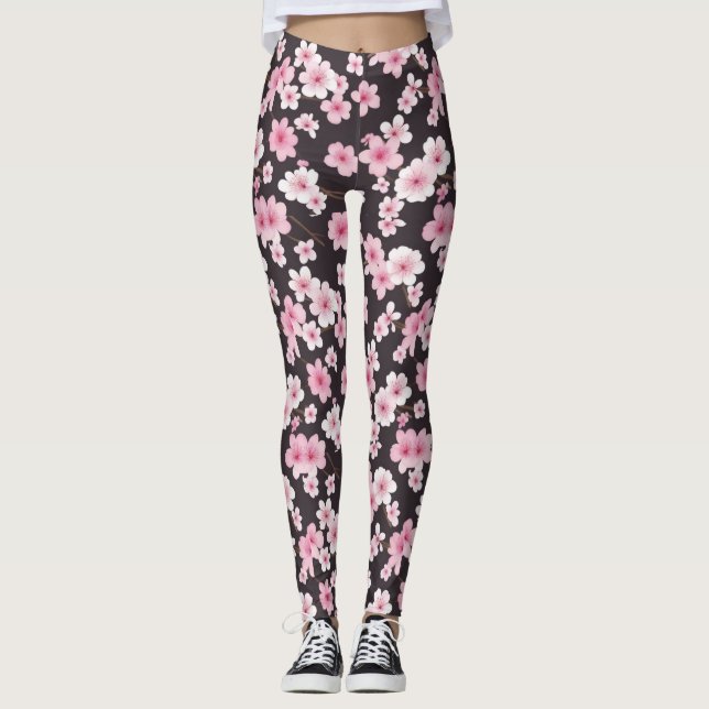 Midnatt Sakura: En Blommar för körsbärssymfoni Leggings (Framsida)