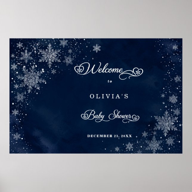 Midnatt Snöflingor Välkommen Baby Shower Affisch (Framsidan)
