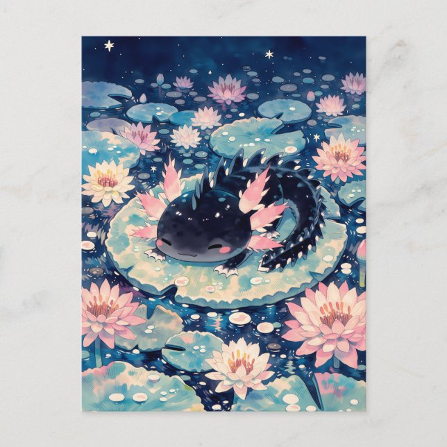 Midnatt Svart Kawaii Axolotl Damm Vykort (Framsida)