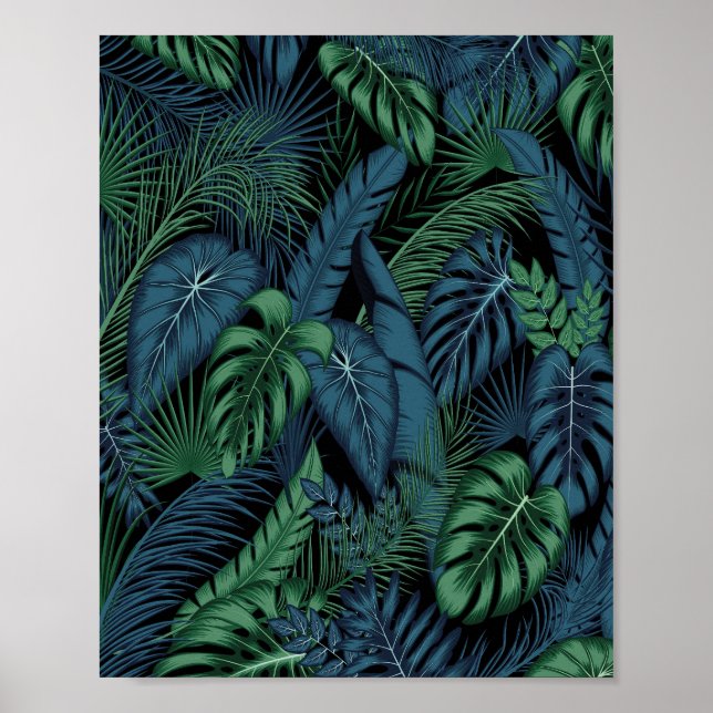 Midnatt Tropiska Blad Mönster Poster (Framsidan)