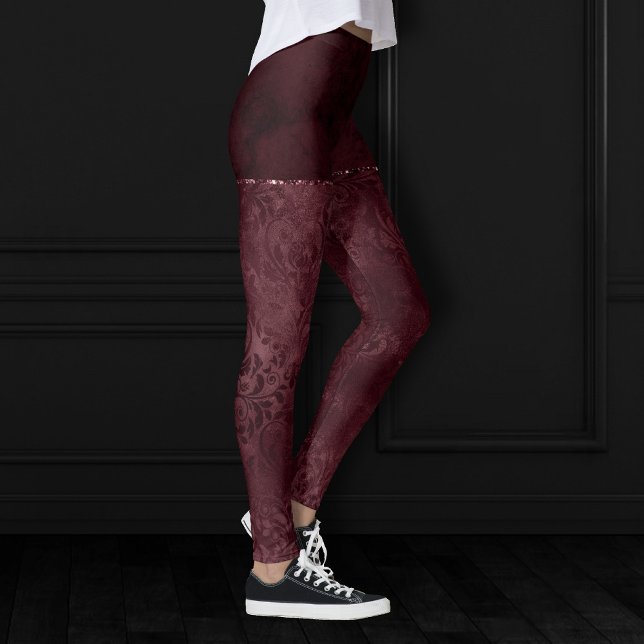 Midnatt Vin Romantik | Mörk Satiny Grunge Damask Leggings (Skapare uppladdad)