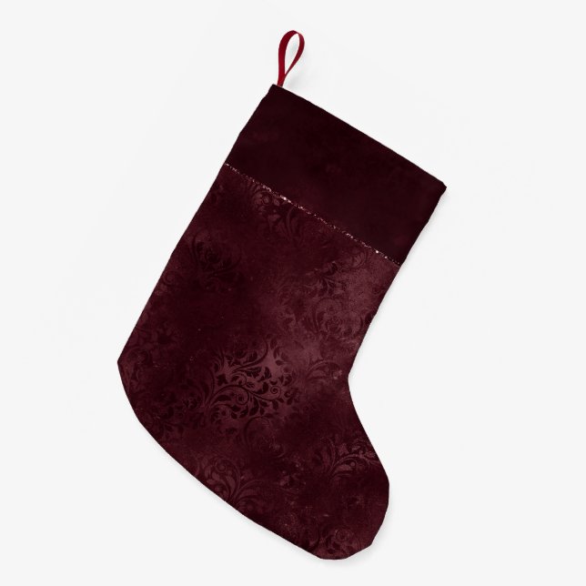 Midnatt Vin Romantik | Mörk Satiny Grunge Damask Liten Julstrumpa (Framsidan (Hängande))