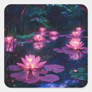 Midnatt Zen Natur Rosa Lotusdamm Fyrkantigt Klistermärke
