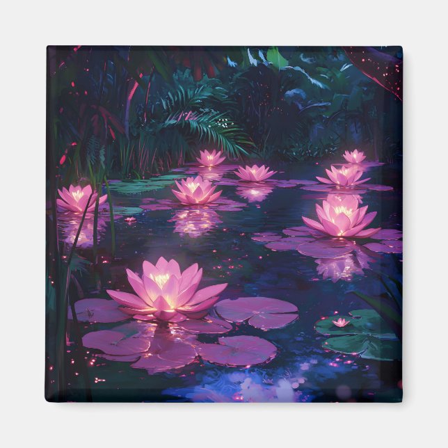 Midnatt Zen Natur Rosa Lotusdamm Magnet (Framsidan)