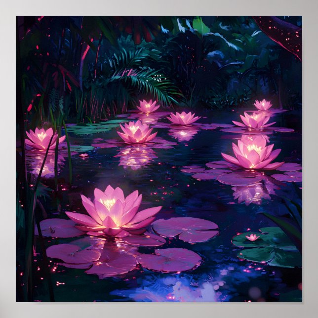 Midnatt Zen Natur Rosa Lotusdamm Poster (Framsidan)