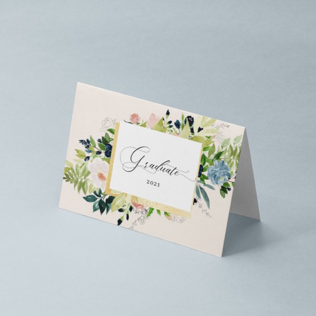 Midnattsblå  Blommigt Fotomappad Studenten Kort (Skapare uppladdad)