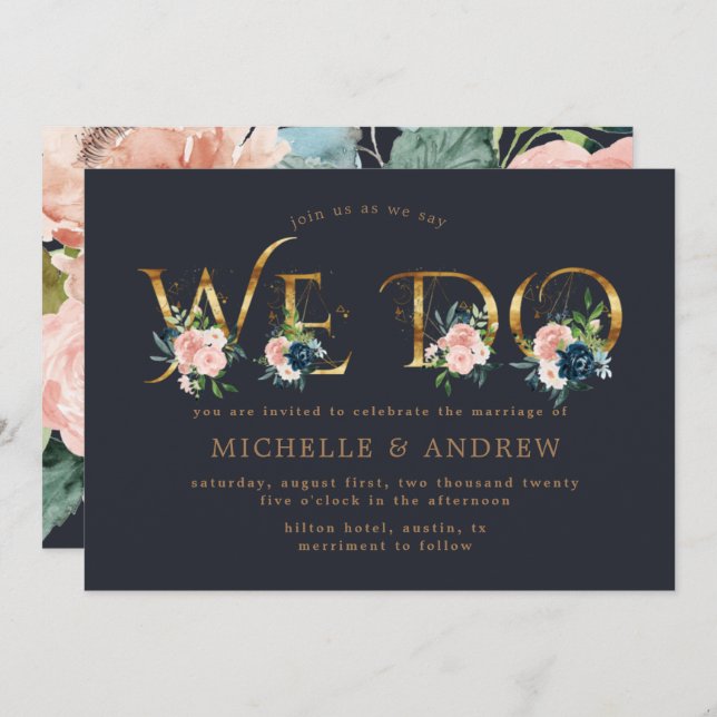 midnattsblå  blommigt vi gör bröllop inbjudningar (Fram/baksida)