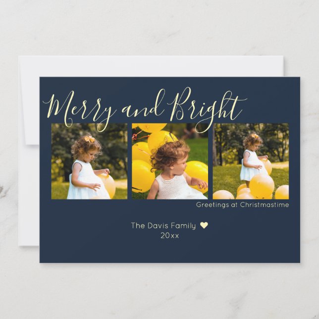 Midnattsblå jultomte och ljus 3-foto julkort (Framsida)