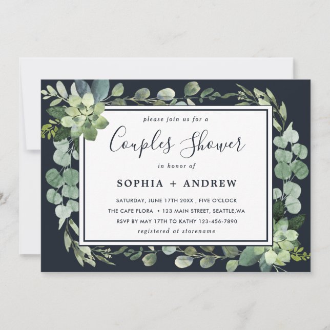 Midnattsblå Succulent Par Shower Inbjudningar (Framsida)