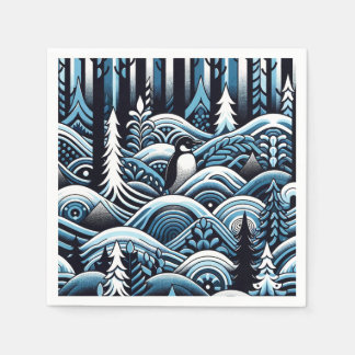 Midnattsblå vinterskog med cute Lone Penguin Pappersservett