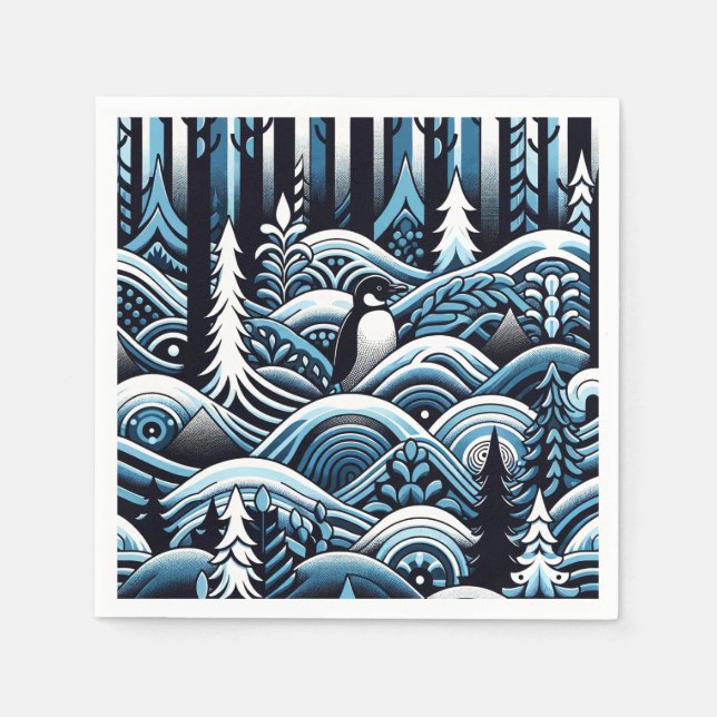 Midnattsblå vinterskog med cute Lone Penguin Pappersservett (Framsidan)