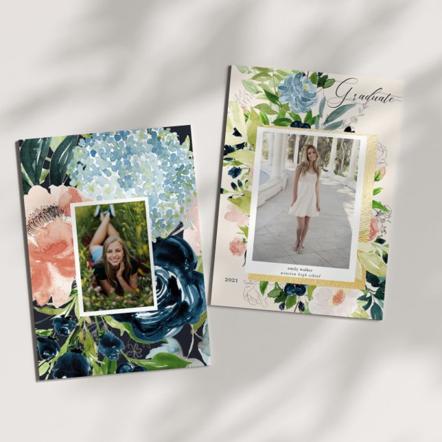 Midnattsblått  Blommigt-fotokort för Studenten Spara Datumet (Skapare uppladdad)