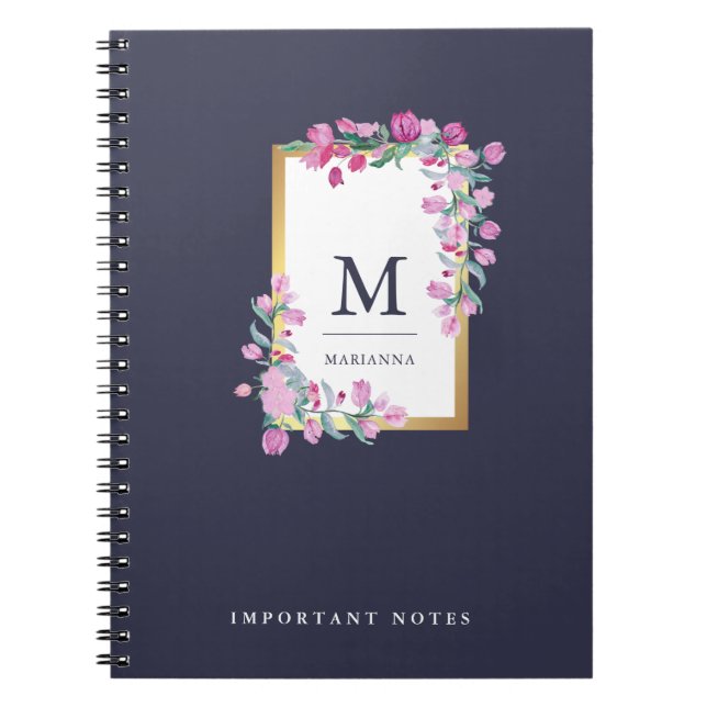 Midnattsblått, Guld och Rosa Watercolor Flowers Anteckningsbok Med Spiral (Framsidan)
