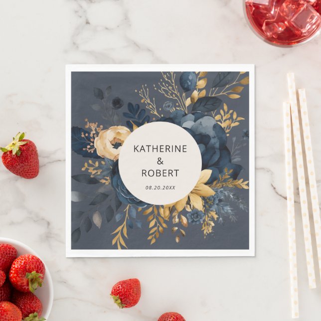 Midnattsblått och Guld Blommigt Bröllop Papper Pappersservett (Insitu)