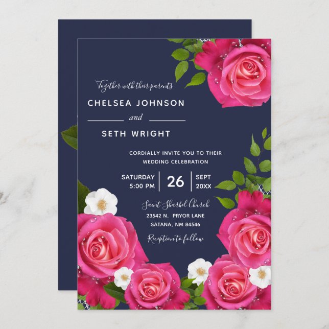 Midnattsblått och Rosa ros Bröllop Inbjudningar (Fram/baksida)