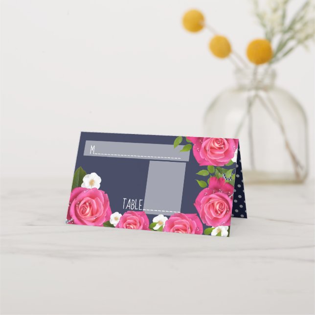 Midnattsblått och Rosa ros Bröllop Placeringskort (Framsida)