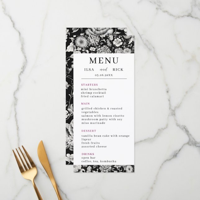 Midnattsbloom: En Mörk Blommigt Elegant bröllop Meny (Fram/Back In Situ)