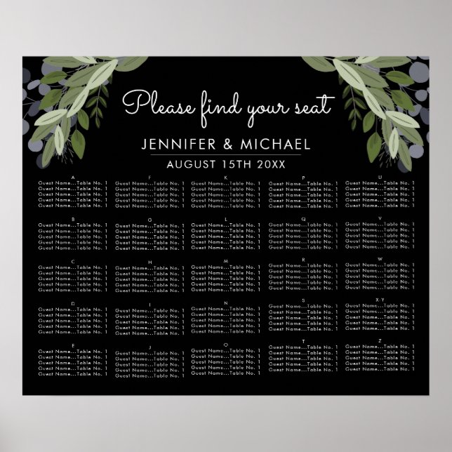 Midnattsbrickor - Alfabetiskt sittningsschema Poster (Framsidan)