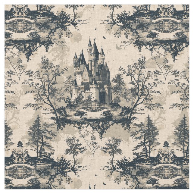Midnight and Ivory Castle Toile de Jouy Tyg (Närbild)