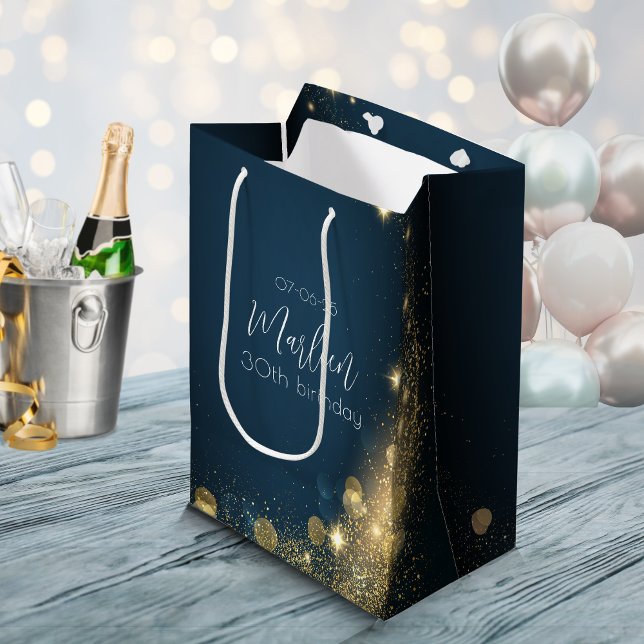 Midnight blå gnistrande guld (Customizable gift bag with name and date. Party favor dark blue gold glamour.)