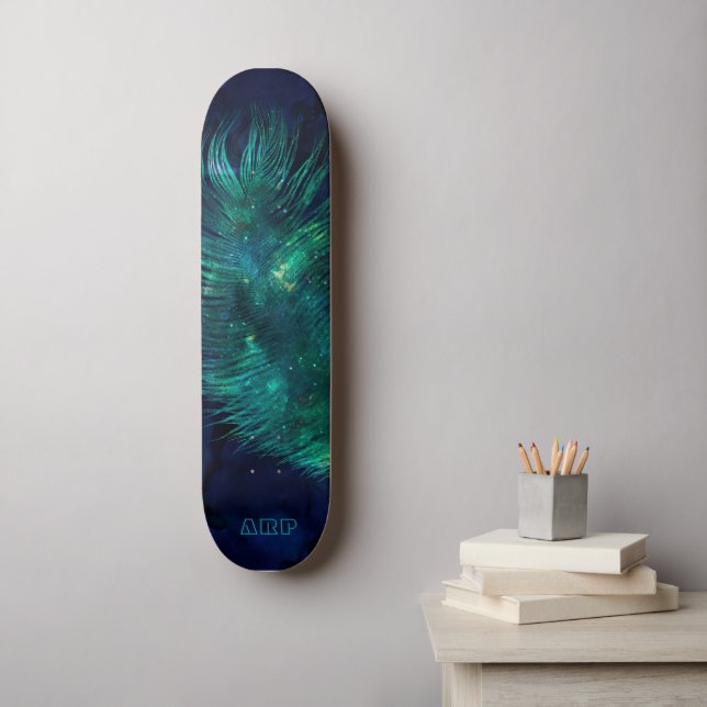 *~* Midnight Blå himmel Cosmic Emerald Feather Boh Mini Skateboard Bräda 18,5 Cm (Väggkonst)
